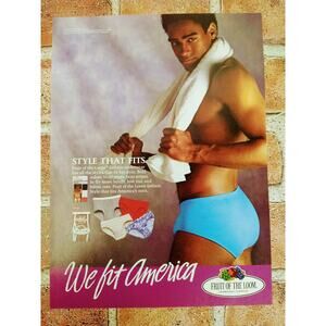1989 Fruit of Loom Ad "Style‎ That Fits" Blue Briefs Vtg Gay Interest Print Ad